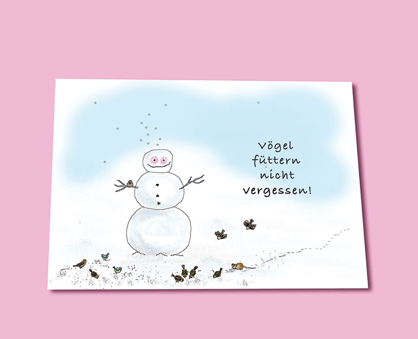 Karte Schneemann und Vögel, Illustration